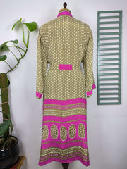 Upcycle Boho Chic Coverup Recycle Silk Sari Kimono Gorgeous Wardrobe Vintage Elegance House Robe | Duster Cardigan | Beige Golden Motifs