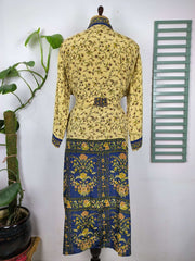 Upcycle Boho Chic Coverup Recycle Silk Sari Kimono Gorgeous Wardrobe Vintage Elegance House Robe | Duster Cardigan | Beige Blue Floral