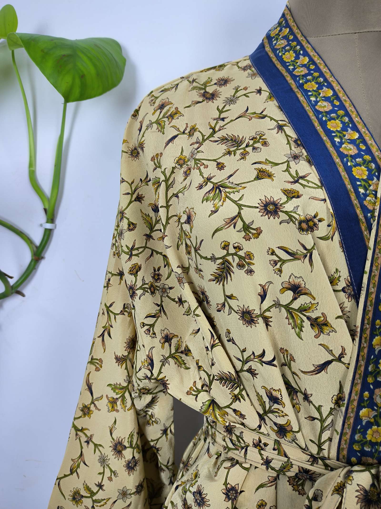Upcycle Boho Chic Coverup Recycle Silk Sari Kimono Gorgeous Wardrobe Vintage Elegance House Robe | Duster Cardigan | Beige Blue Floral