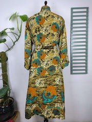 Upcycle Boho Chic Coverup Recycle Silk Sari Kimono Gorgeous Wardrobe Vintage Elegance House Robe | Duster Cardigan Yellow Black Hues Floral