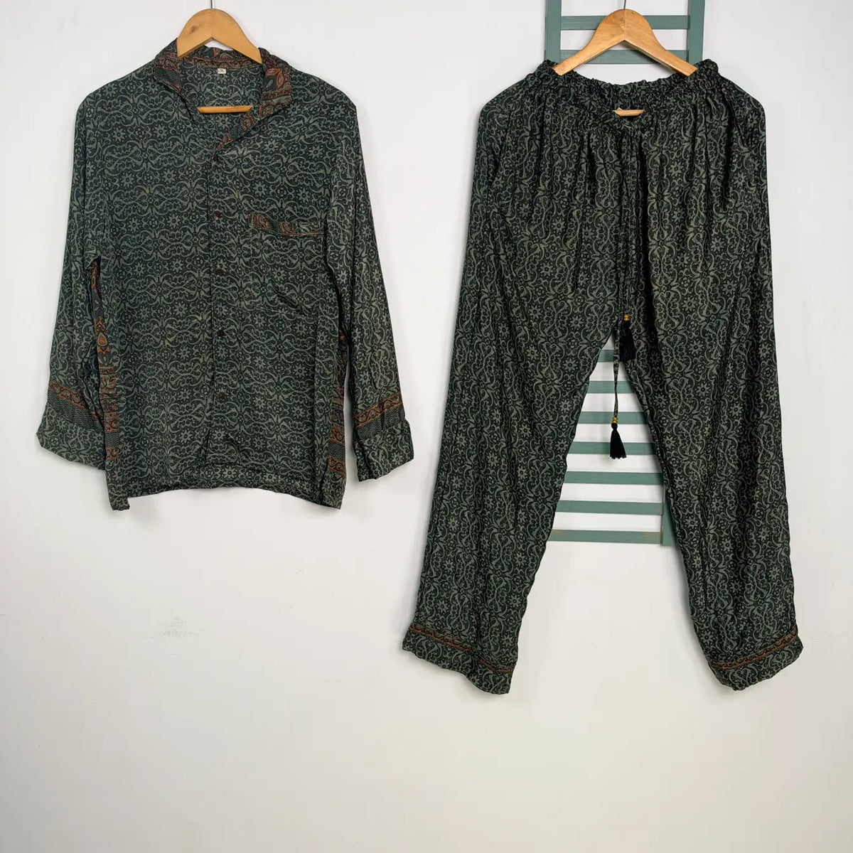 Silky Nightwear Pajama Set, Recycled Sari Silk Blend Luxury Lounge Set, Button Down Top, Drawstring Pants with Side Pockets, Gift