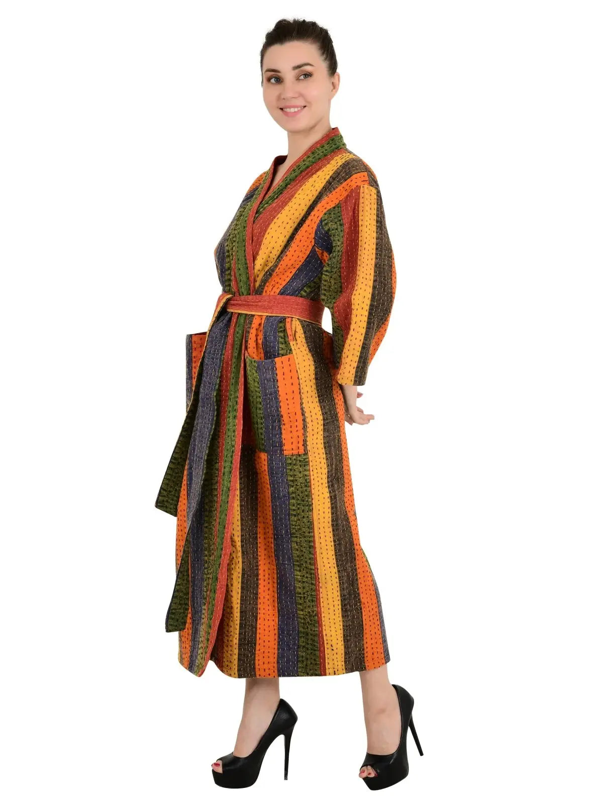 Kantha Pure Cotton Reversible Long Kimono Women Stonewashed Boho Robe
