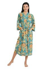 Boho Cotton Kimono House Robe Indian Handprinted Ikat Print Pattern | Lightweight Summer Luxury Beach Holidays Yacht Cover Up Stunning Dress