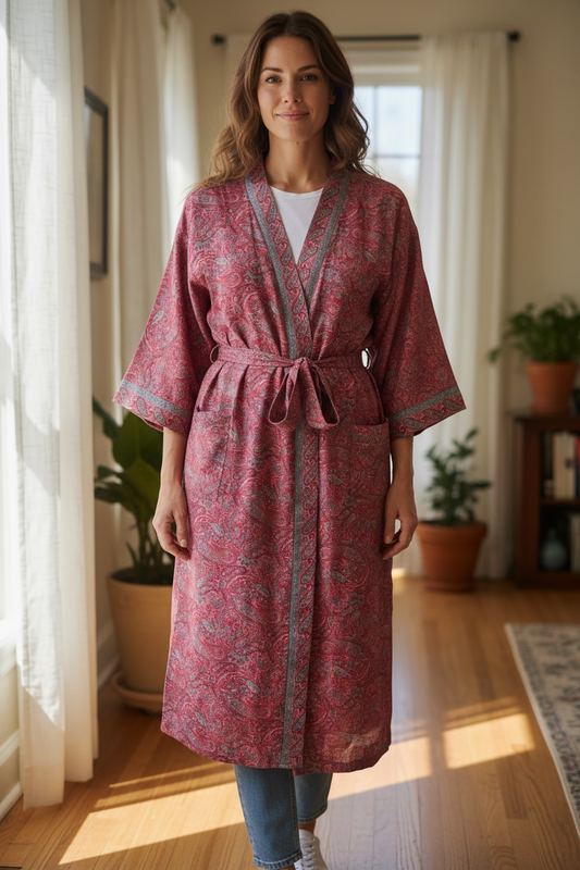 Recycle Silk Sari Women Kimono | Boho Chic Beach Cover Up Vintage Lounge Dressing Robe l Resort Wear Regal Gypsy House Robe | Red Paisley