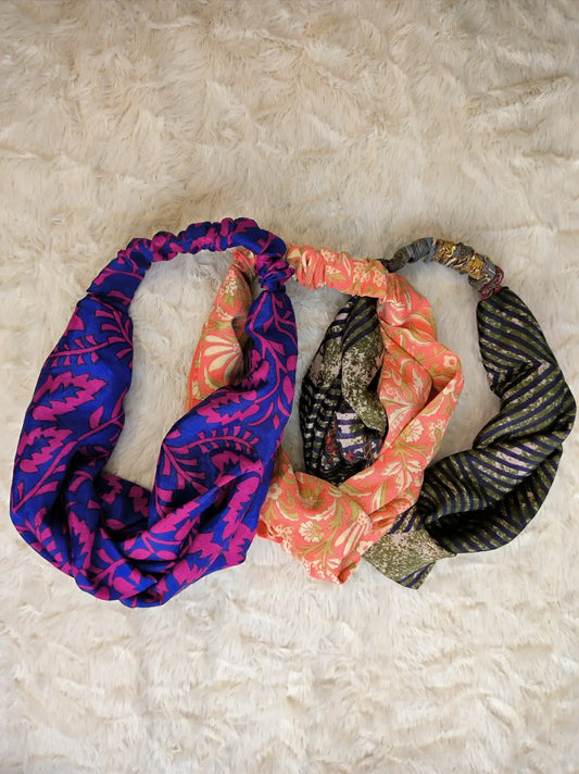 Bohemian Front Knot Handmade Recycled Vintage Silk Sari Headband Hair Accessories Cute Girly Bridesmaids Gift - Set of 3