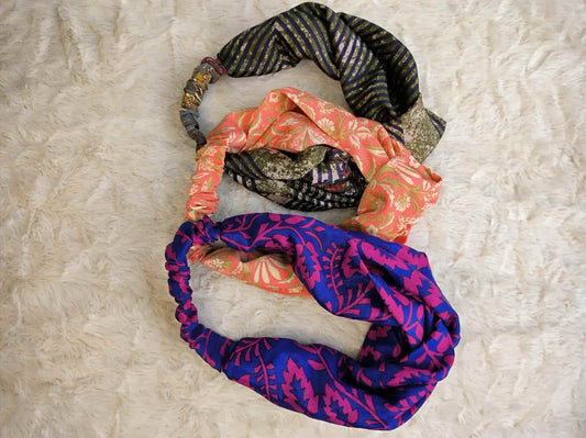 Bohemian Front Knot Handmade Recycled Vintage Silk Sari Headband Hair Accessories Cute Girly Bridesmaids Gift - Set of 3