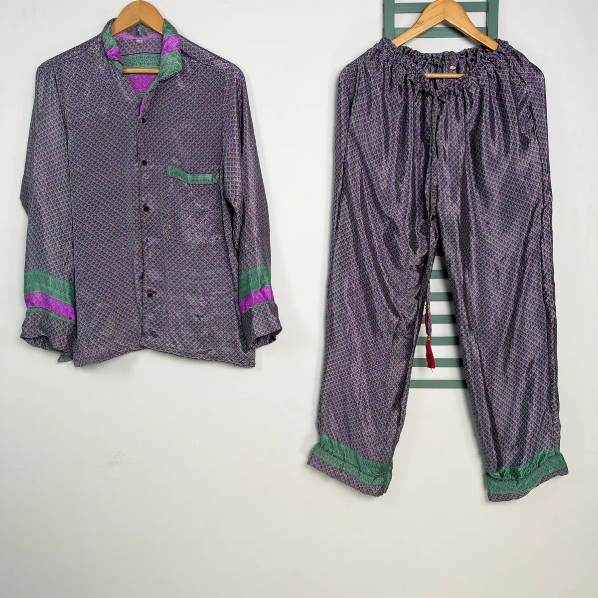 Recycled Sari Silk Blend Nightsuit, Short Sleeve Pajama Set with Side Pockets, Handmade Boho Sleepwear, Relaxed Fit, Gift for Her