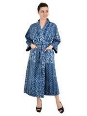 Kantha Stitch 100% Cotton Reversible Long Kimono Women Jacket | Handmade Men Robe | Unisex Gift | Elegant Blue Indigo White Floral