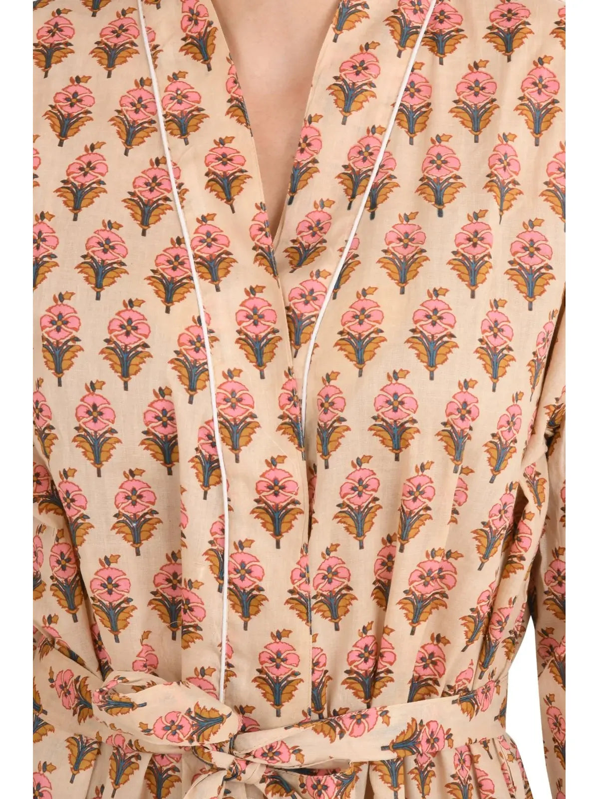 Boho Cotton Kimono House Robe Indian Handprinted Flower Botanical Print Pattern | Lightweight Summer Luxury Beach Holidays Yacht Cover Up Stunning Dress