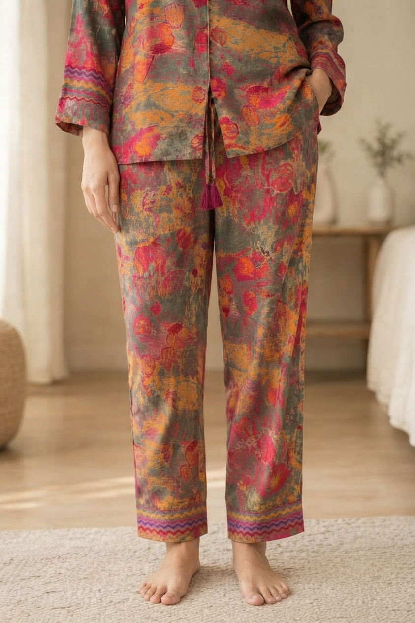 Women's Silk Blend Pajama Set, Recycled Sari Loungewear, Handmade Relaxation Gift, Birthday Gift for Her, Short Sleeve Top, Side Pockets