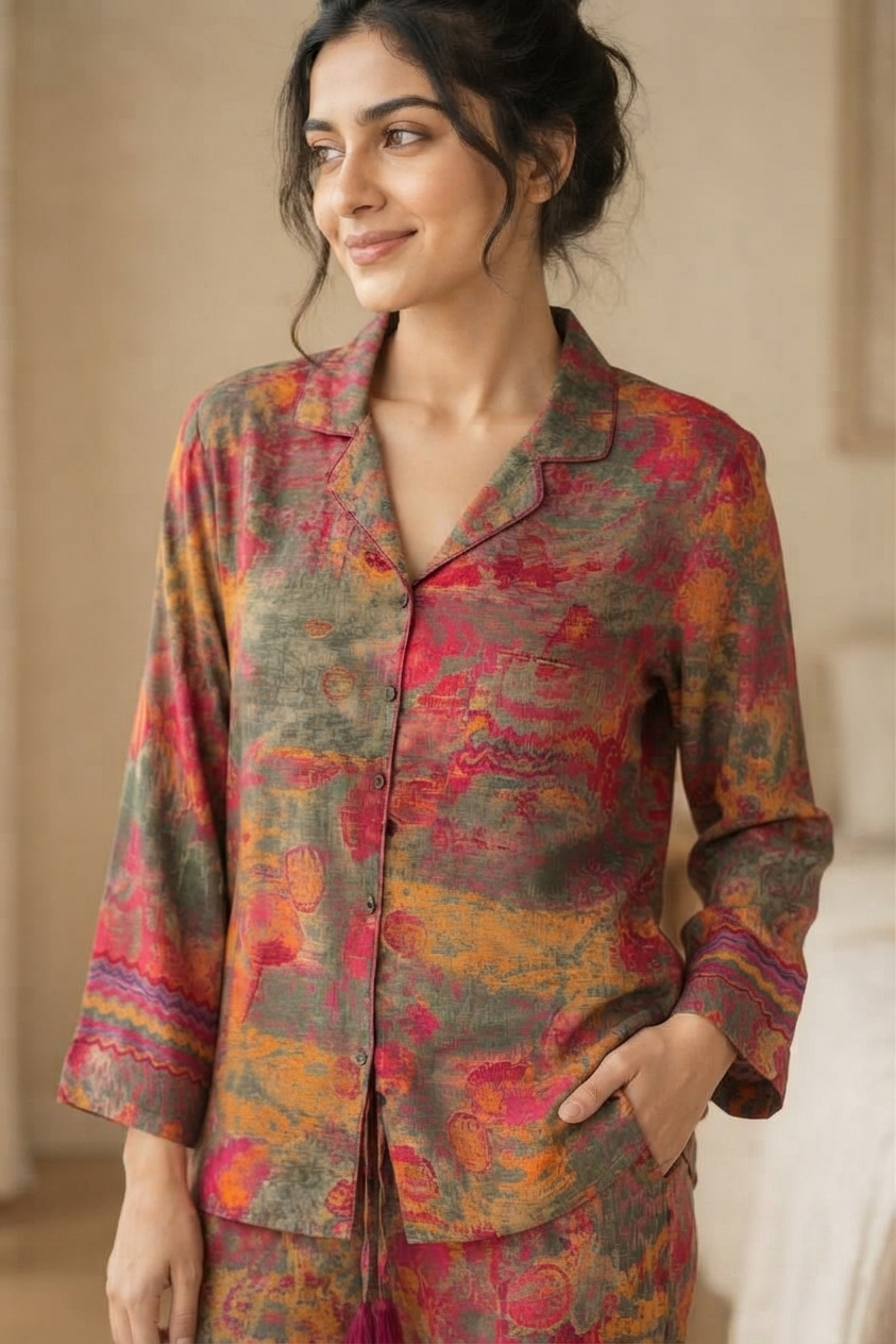 Women's Silk Blend Pajama Set, Recycled Sari Loungewear, Handmade Relaxation Gift, Birthday Gift for Her, Short Sleeve Top, Side Pockets