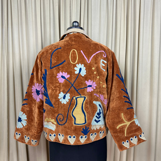 Boho Hand Embroidered Velvet Suzani Jacket, Brown Floral Open Front Coat Winter Wear Free Size Robe Retro Chic Free Size Robe Blazer for Her