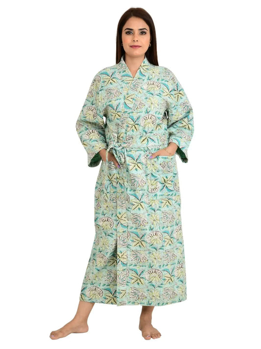 Kantha Stitch 100% Coton Réversible Long Kimono Veste Femme | Robe de point faite à la main | Cadeau unisexe | Imprimé floral marron vert