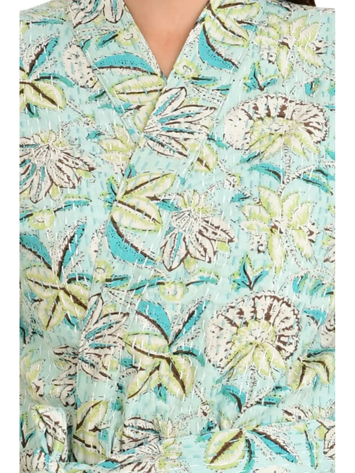 Kantha Stitch 100% Cotton Reversible Long Kimono Women Jacket | Handmade Stitch Robe | Unisex Gift | Green Brown Floral Print
