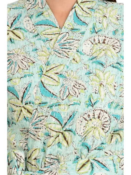 Kantha-Stich, 100 % Baumwolle, wendbar, langer Kimono für Damen | Handgemachter Maschenmantel | Unisex-Geschenk | Grün-brauner Blumendruck