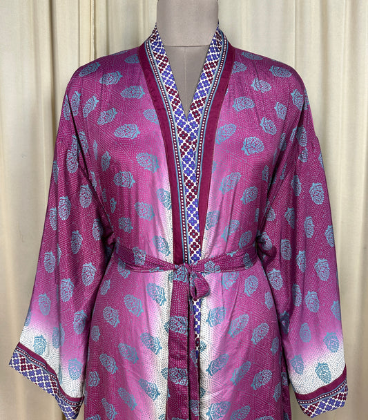 Recycle Silk Sari Women Kimono | Boho Chic Beach Cover Up Vintage Lounge Dressing Robe  l Resort Wear Regal Gypsy House Robe, Pink Floral