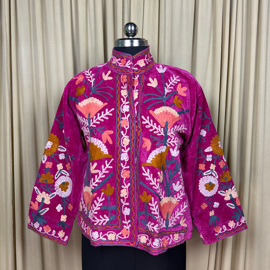 Boho Hand Embroidered Velvet Suzani Jacket, Pink Floral Open Front Coat Winter Wear Free Size Robe Retro Chic Free Size Robe Blazer for Her