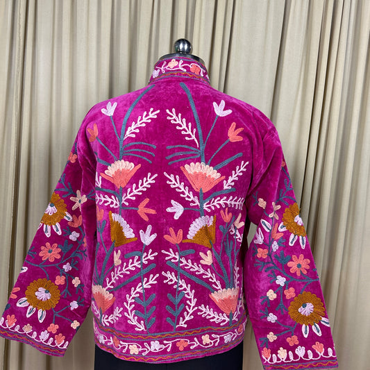 Boho Hand Embroidered Velvet Suzani Jacket, Pink Floral Open Front Coat Winter Wear Free Size Robe Retro Chic Free Size Robe Blazer for Her