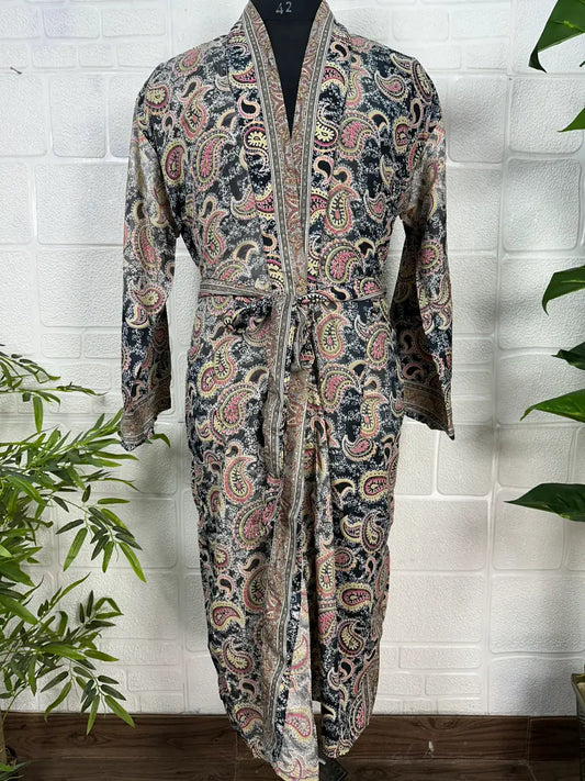 Boho Men Silk Kimono Robe, Luxury Silk Dressing Gown for Man, Long House Beach Artist Bathrobe, Birthday Present for husband, Gift for Him