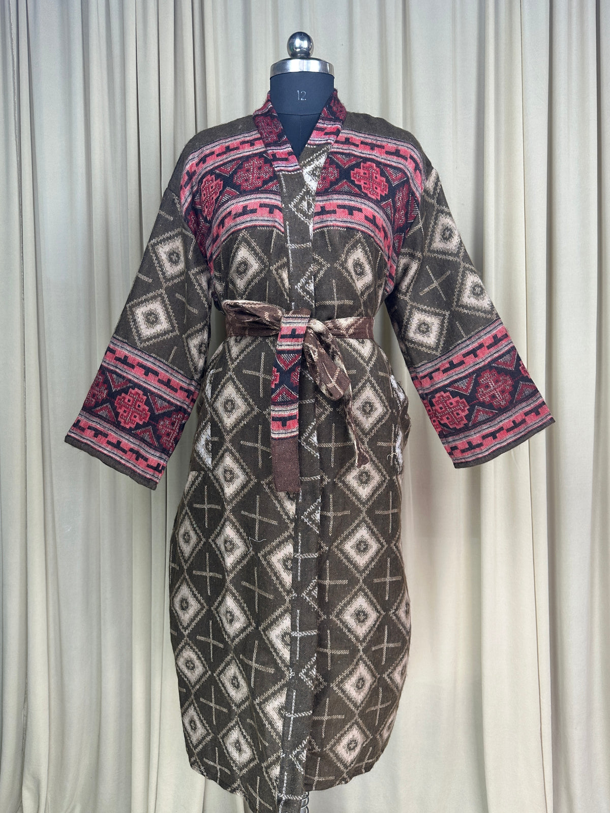 Yak Wool Blend Women Kimono Robe, Cozy Winter Romance Loungewear, Brown Diamond Print Cardigan House Coat with Pockets, Quirky Christmas Gift For Her