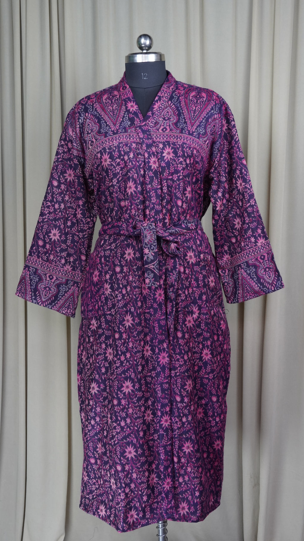 Yak Wool Blend Women Kimono Robe, Cozy Warm Winter Romance Loungewear, Purple Floral Cardigan House Coat with Pockets, Quirky Christmas Gift For Her
