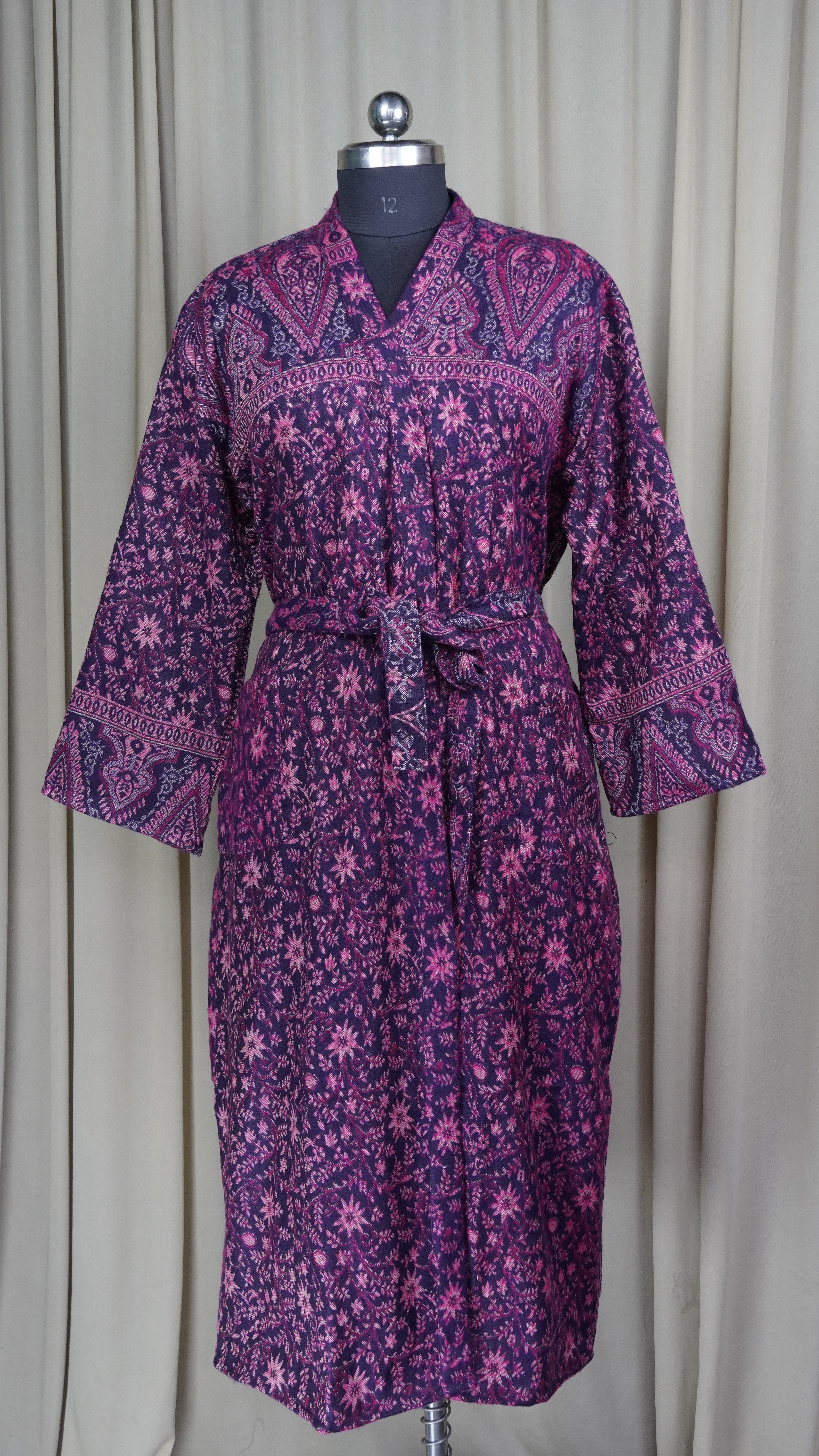 Yak Wool Blend Women Kimono Robe, Cozy Warm Winter Romance Loungewear, Purple Floral Cardigan House Coat with Pockets, Quirky Christmas Gift For Her