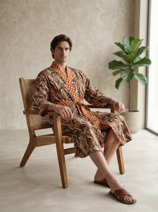 Mens Kimono Robe Cotton Handblock Dress, Indian Printed Man House Robe, Boho Beach Coverup Dressing Gown Lightweight Loungewear Gift For Him