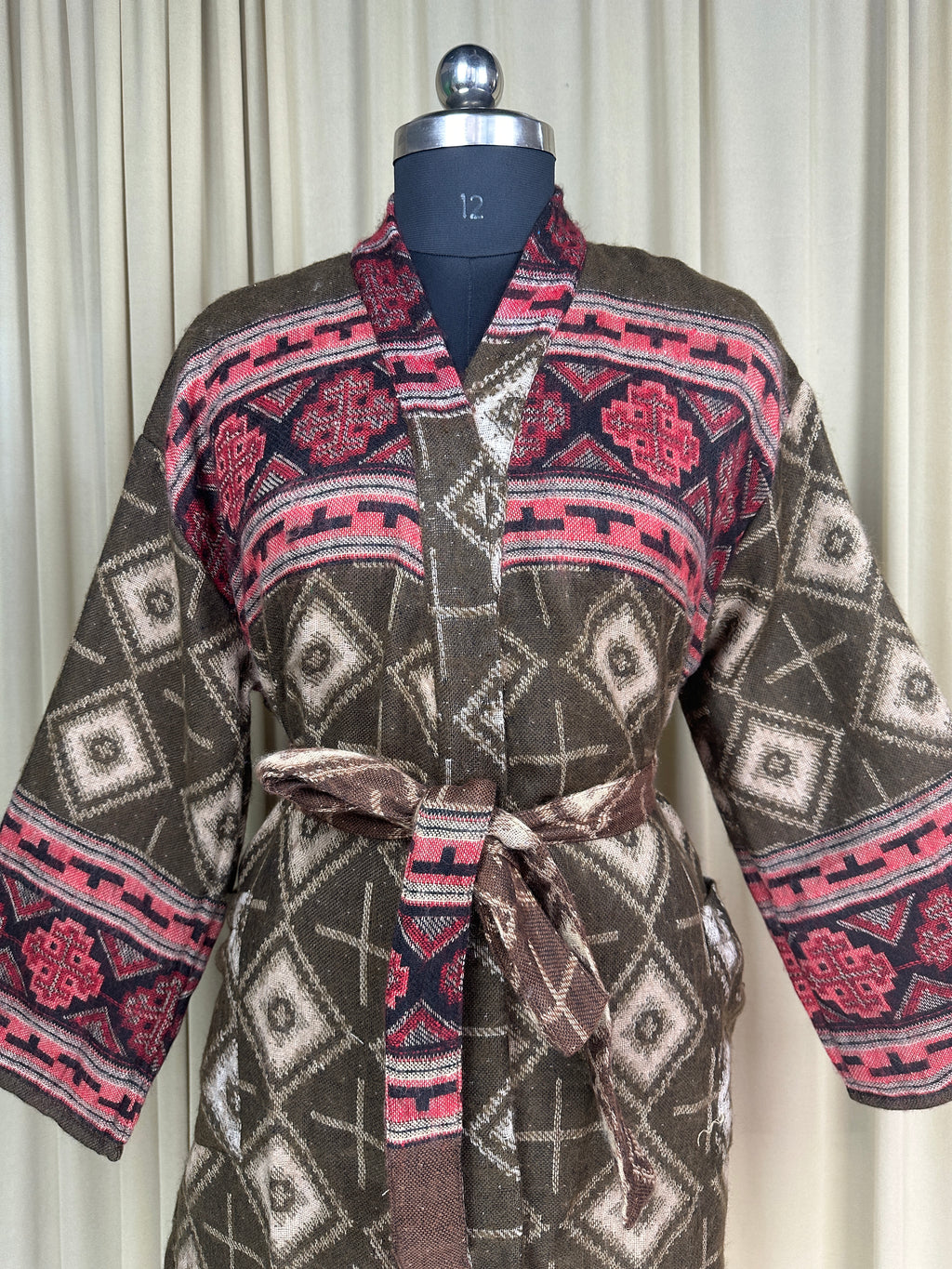 Yak Wool Blend Women Kimono Robe, Cozy Winter Romance Loungewear, Brown Diamond Print Cardigan House Coat with Pockets, Quirky Christmas Gift For Her