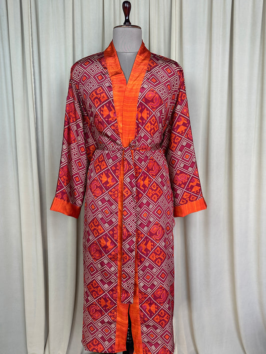 Recycle Silk Sari Women Kimono | Boho Chic Beach Cover Up Vintage Lounge Dressing Robe | Resort Wear Regal Gypsy House Robe, Red Geometric