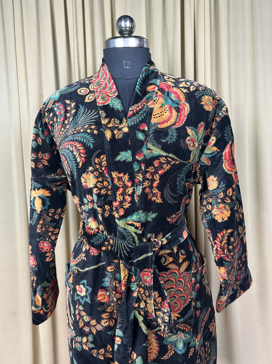 Luxury Velvet Kimono Unisex House Robe | Boho Jacket Autumn Winter Christmas Gift Elegant Reversible Silk Lined | Quirky Gown Black Floral