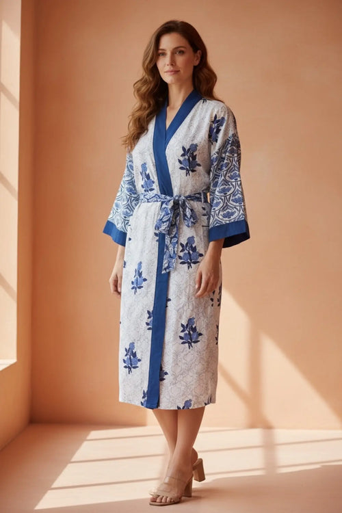 Women's block-printed Cotton Kimono Robe