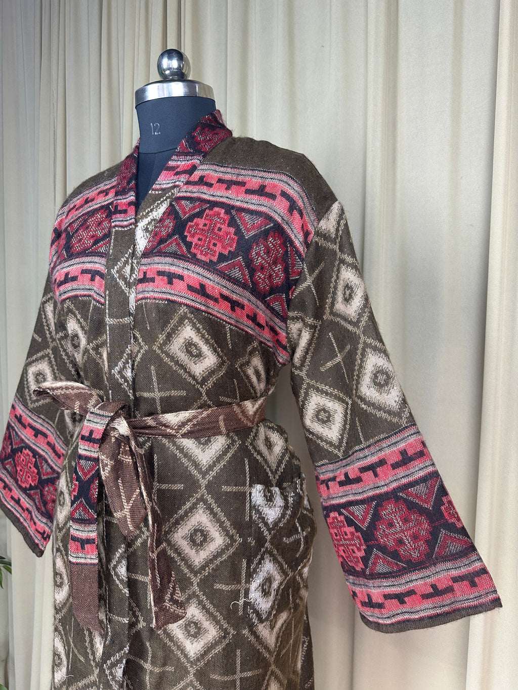 Yak Wool Blend Women Kimono Robe, Cozy Winter Romance Loungewear, Brown Diamond Print Cardigan House Coat with Pockets, Quirky Christmas Gift For Her