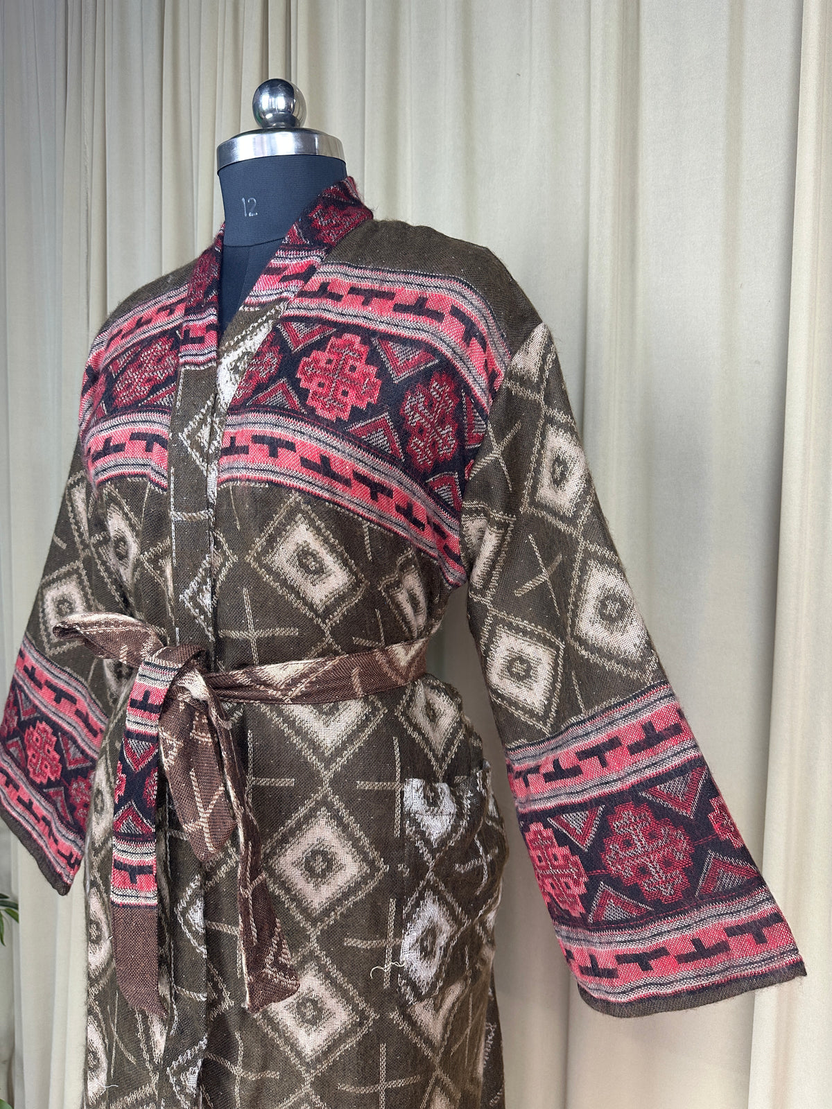 Yak Wool Blend Women Kimono Robe, Cozy Winter Romance Loungewear, Brown Diamond Print Cardigan House Coat with Pockets, Quirky Christmas Gift For Her