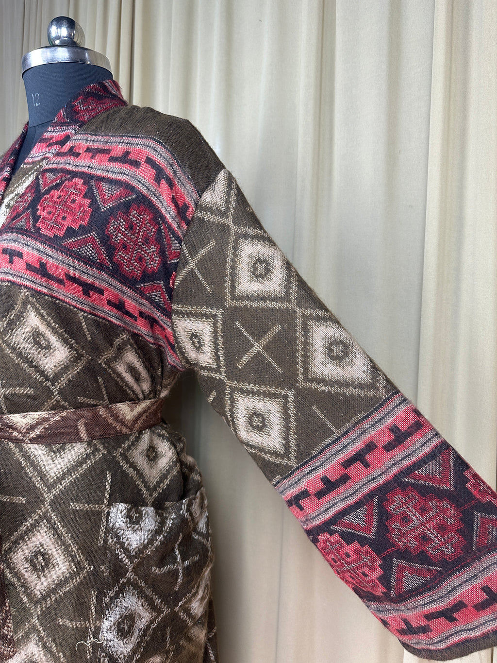 Yak Wool Blend Women Kimono Robe, Cozy Winter Romance Loungewear, Brown Diamond Print Cardigan House Coat with Pockets, Quirky Christmas Gift For Her