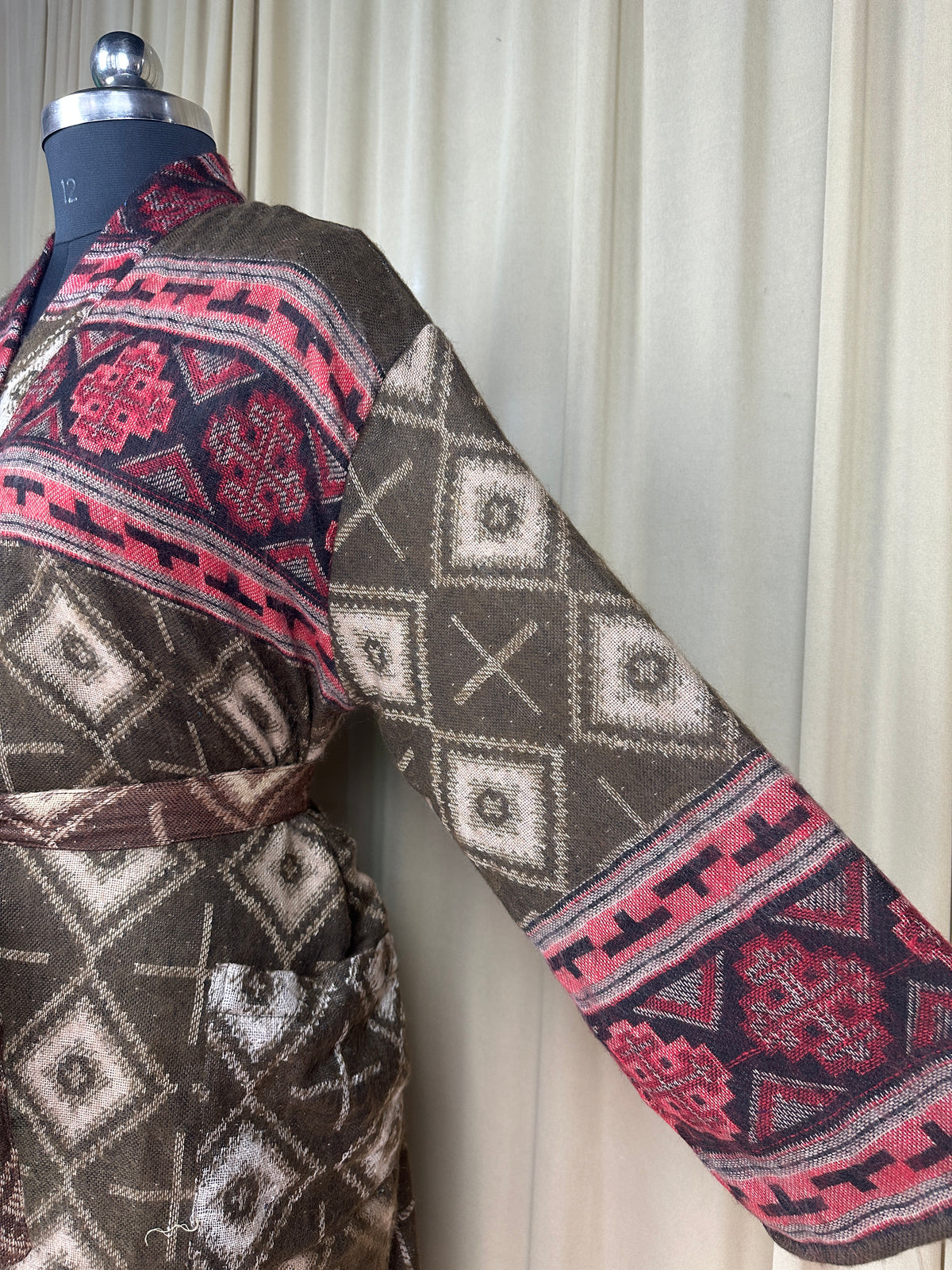 Yak Wool Blend Women Kimono Robe, Cozy Winter Romance Loungewear, Brown Diamond Print Cardigan House Coat with Pockets, Quirky Christmas Gift For Her
