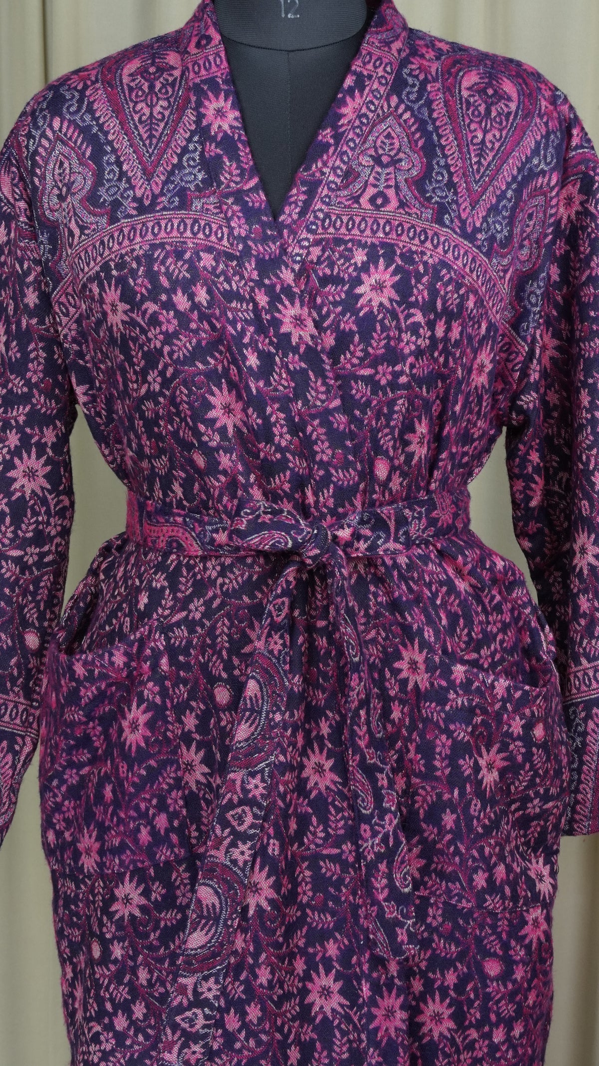Yak Wool Blend Women Kimono Robe, Cozy Warm Winter Romance Loungewear, Purple Floral Cardigan House Coat with Pockets, Quirky Christmas Gift For Her