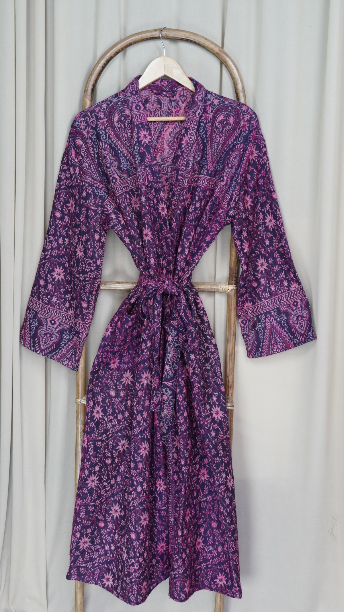 Yak Wool Blend Women Kimono Robe, Cozy Warm Winter Romance Loungewear, Purple Floral Cardigan House Coat with Pockets, Quirky Christmas Gift For Her
