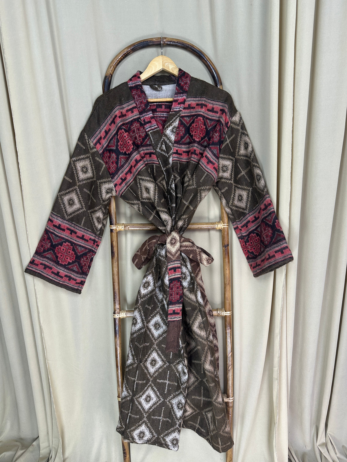 Yak Wool Blend Women Kimono Robe, Cozy Winter Romance Loungewear, Brown Diamond Print Cardigan House Coat with Pockets, Quirky Christmas Gift For Her