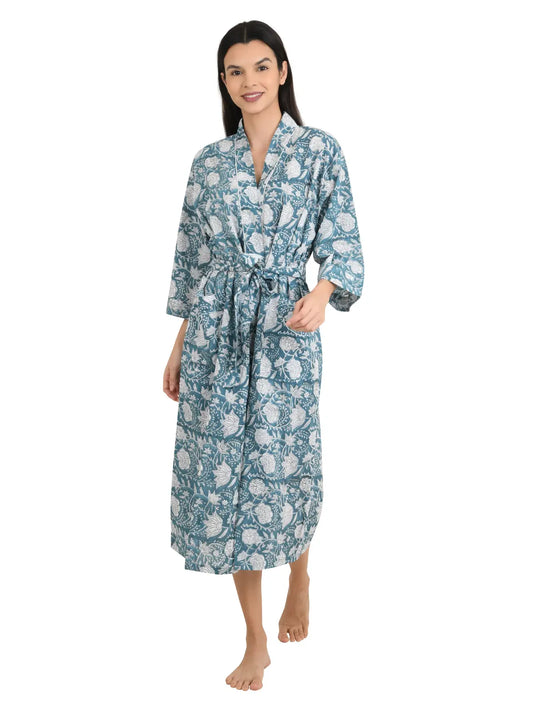 Kimono aus reiner Baumwolle, handbedruckt, indischer Boho-Hausmantel, Sommerkleid | Grau-weißer Blumendruck | Strandüberwurf | Weihnachtsgeschenk