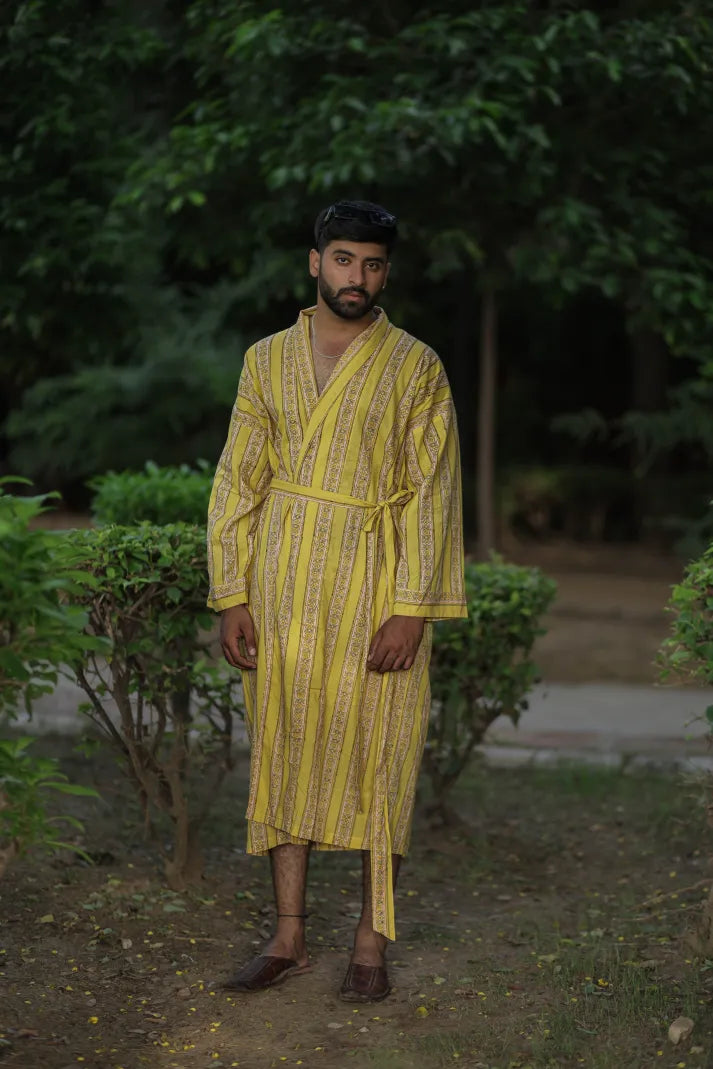 Menâ€™s Long Cotton Kimono Robe, Striped Boho Loungewear with Pockets, One Size Breathable Lightweight Beach Resort Spa Outfit Festival Kimono