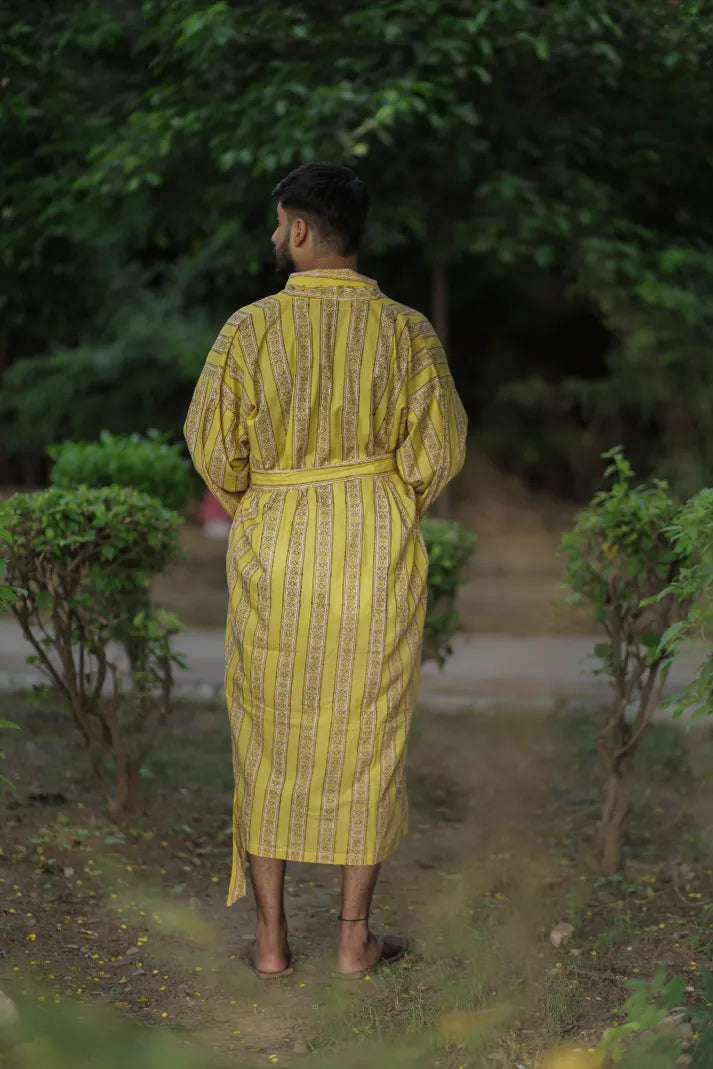 Menâ€™s Long Cotton Kimono Robe, Striped Boho Loungewear with Pockets, One Size Breathable Lightweight Beach Resort Spa Outfit Festival Kimono