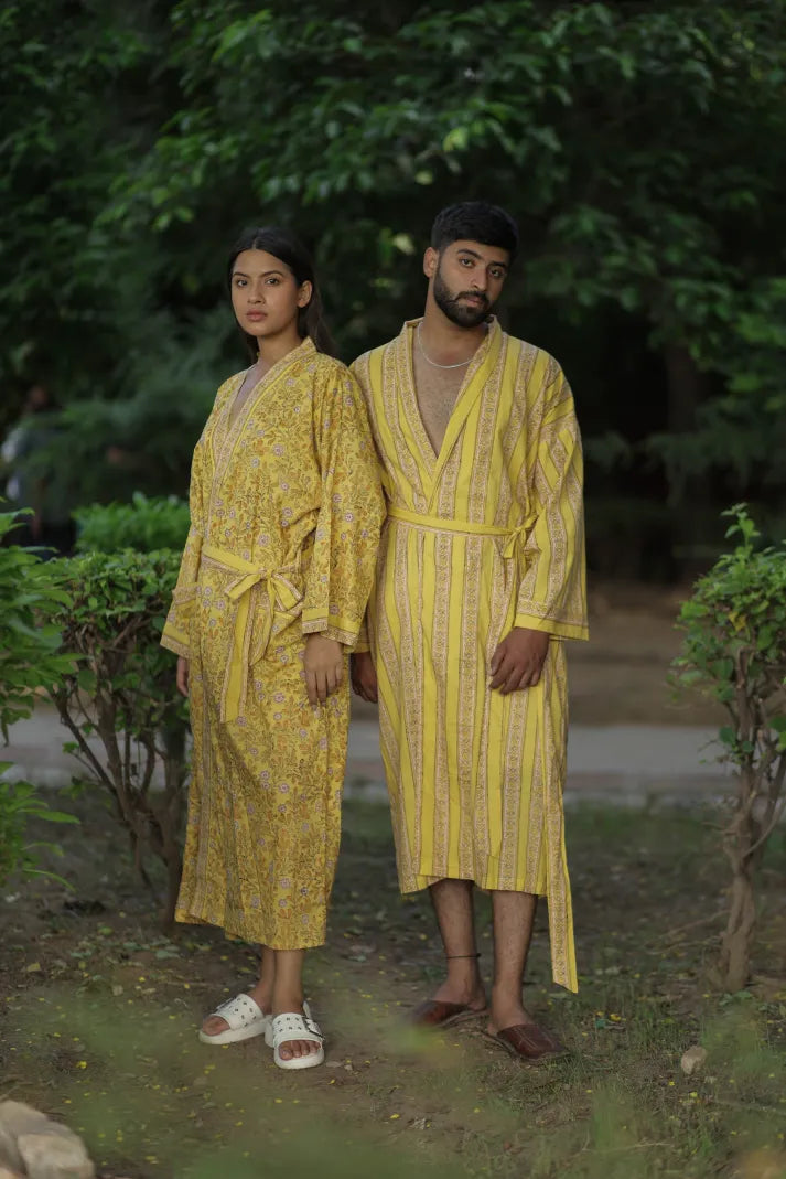 Menâ€™s Long Cotton Kimono Robe, Striped Boho Loungewear with Pockets, One Size Breathable Lightweight Beach Resort Spa Outfit Festival Kimono