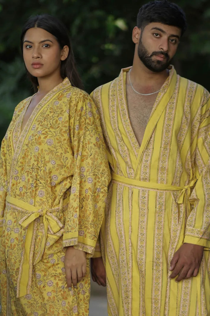 Menâ€™s Long Cotton Kimono Robe, Striped Boho Loungewear with Pockets, One Size Breathable Lightweight Beach Resort Spa Outfit Festival Kimono