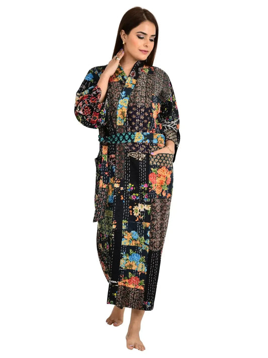 Kantha Stitch 100% Coton Réversible Long Kimono Veste Femme | Robe de point faite à la main | Cadeau unisexe | Imprimé patchwork noir