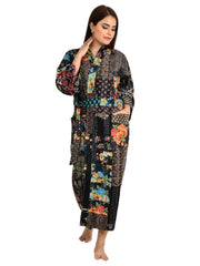 Kantha Stitch 100% Cotton Reversible Long Kimono Women Jacket | Handmade Stitch Robe | Unisex Gift |  Black Patchwork Print