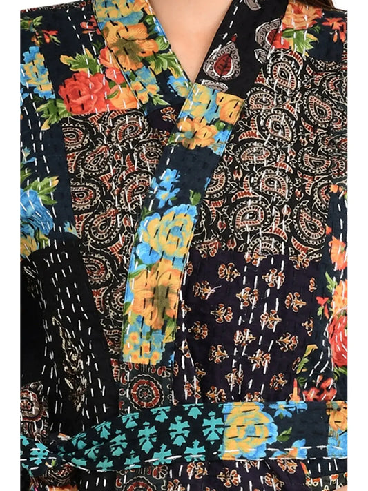 Kantha-Stich, 100 % Baumwolle, wendbar, langer Kimono für Damen | Handgemachter Maschenmantel | Unisex-Geschenk | Schwarzer Patchwork-Druck