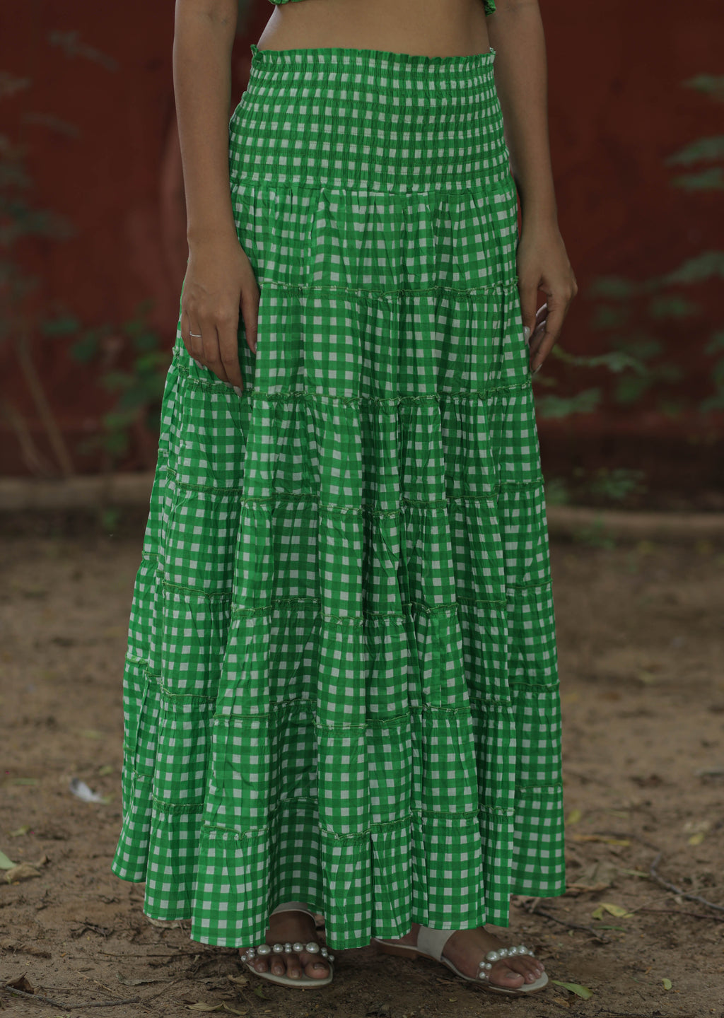 Women's block-printed Cotton Crop Top & Skirt Set in checked