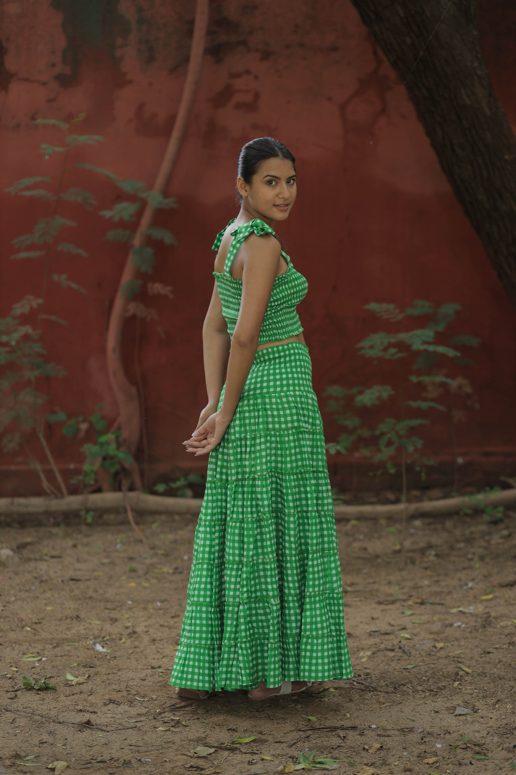 Women's block-printed Cotton Crop Top & Skirt Set in checked