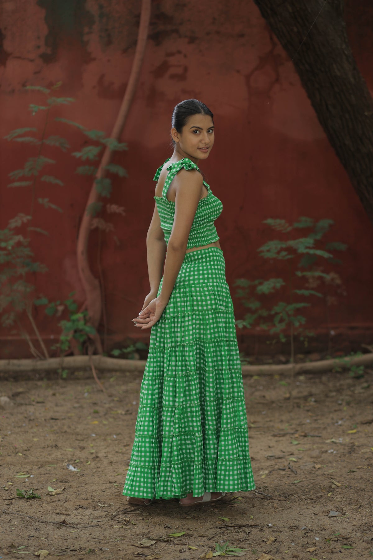 Women's block-printed Cotton Crop Top & Skirt Set in checked