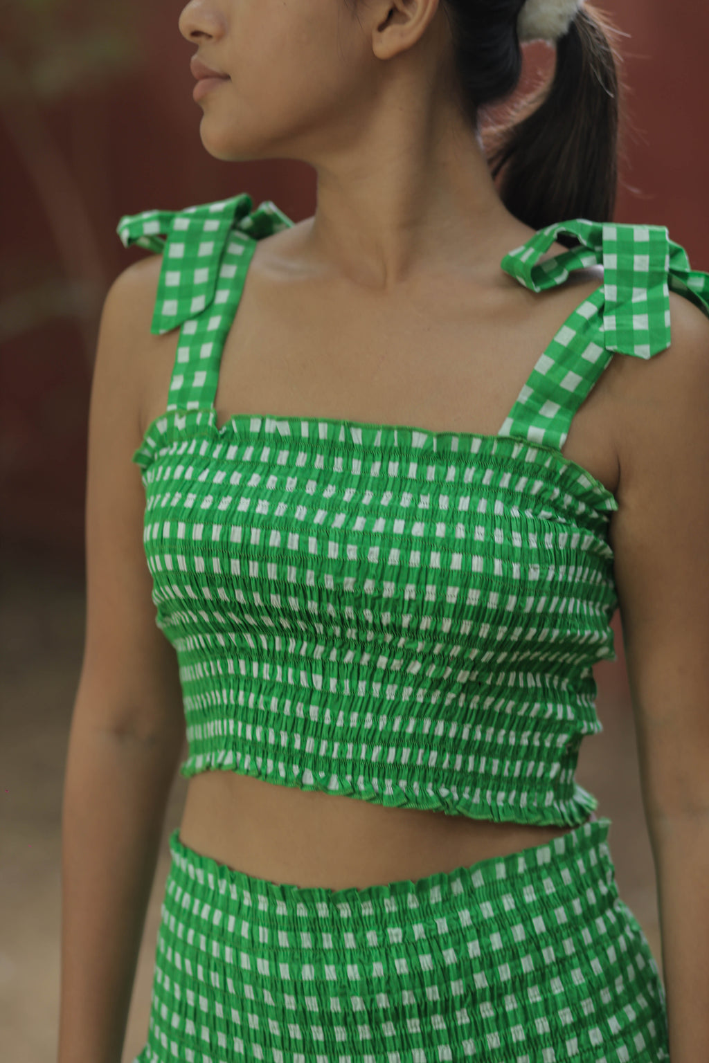Women's block-printed Cotton Crop Top & Skirt Set in checked